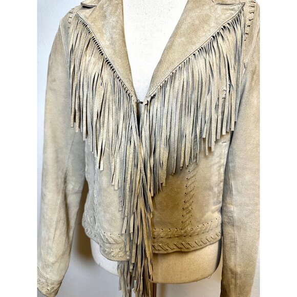 Vintage Genuine Leather Fringe Jacket • Tan Suede Western Cowgirl Style • Jeanol - Picture 6 of 9